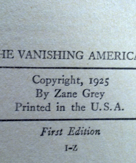 Book First Edition Zane Grey Vanishing American